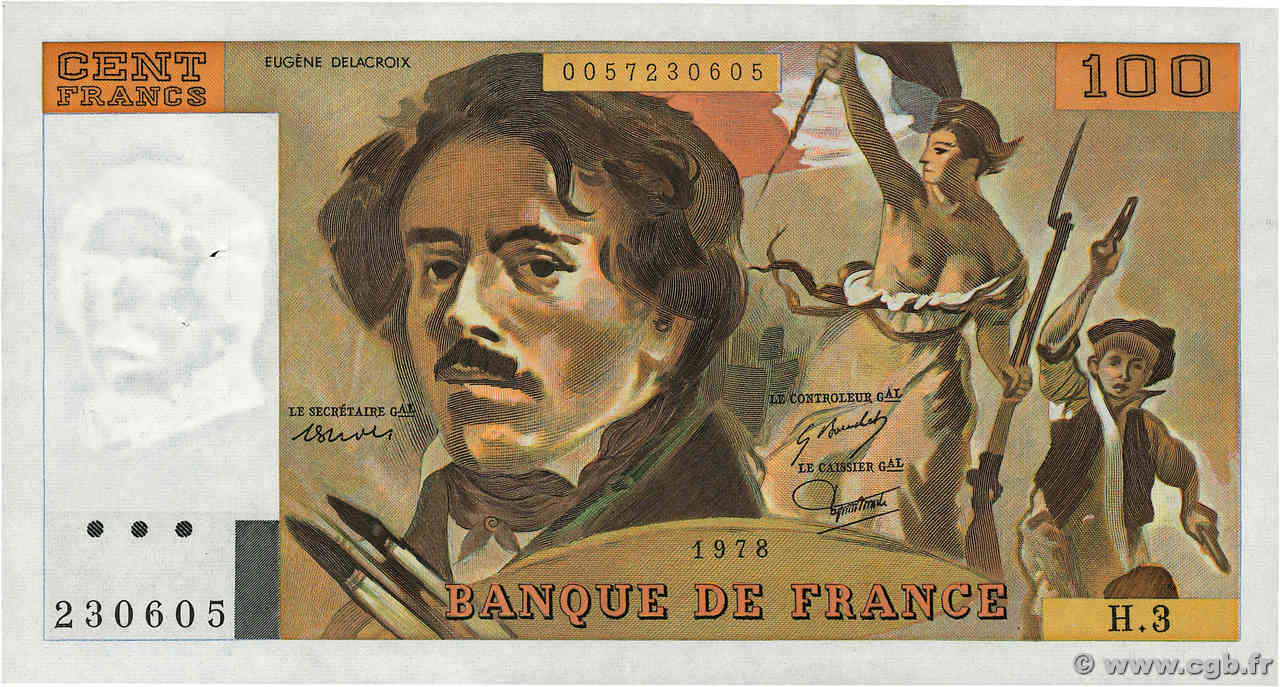 100 Francs DELACROIX FRANCE  1978 F.68.03 SUP