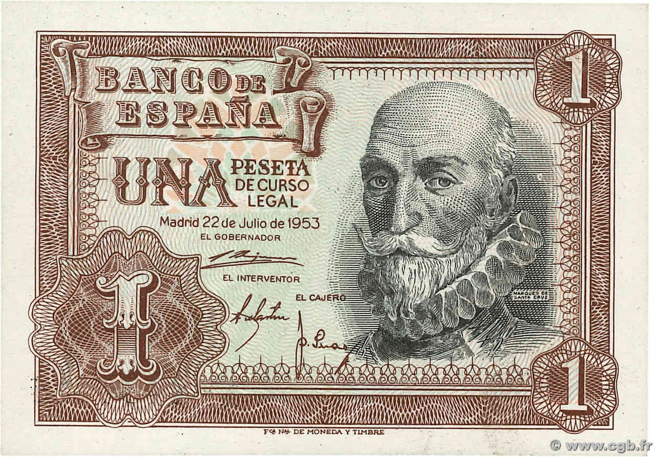 1 Peseta SPAIN  1953 P.144 UNC-