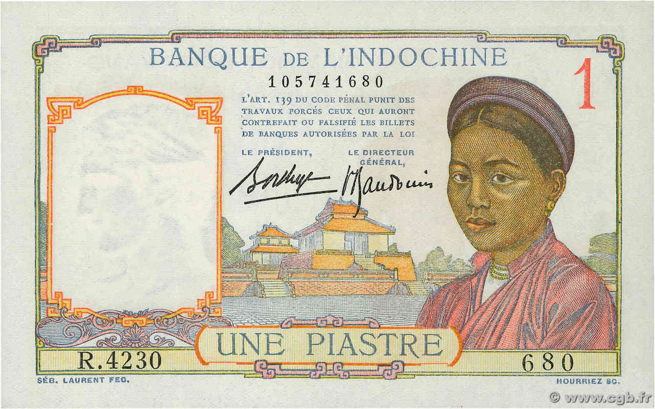 1 Piastre FRANZÖSISCHE-INDOCHINA  1936 P.054b ST