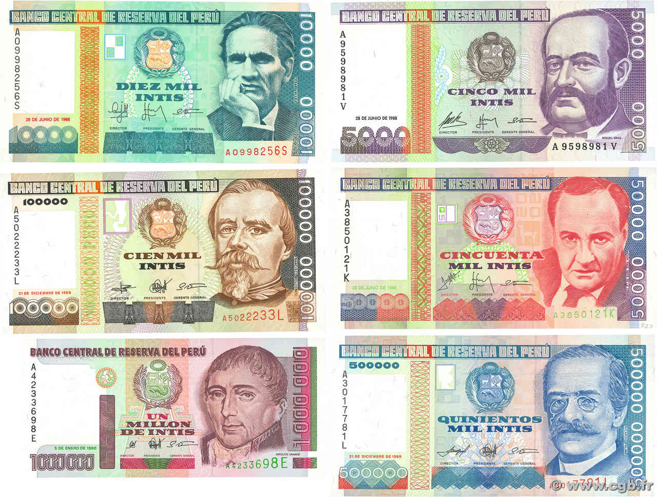 5000 à 1000000 Intis Lot PERU  1988 P.137, P.138, P.142, P.145, P.147 et P.148 UNC