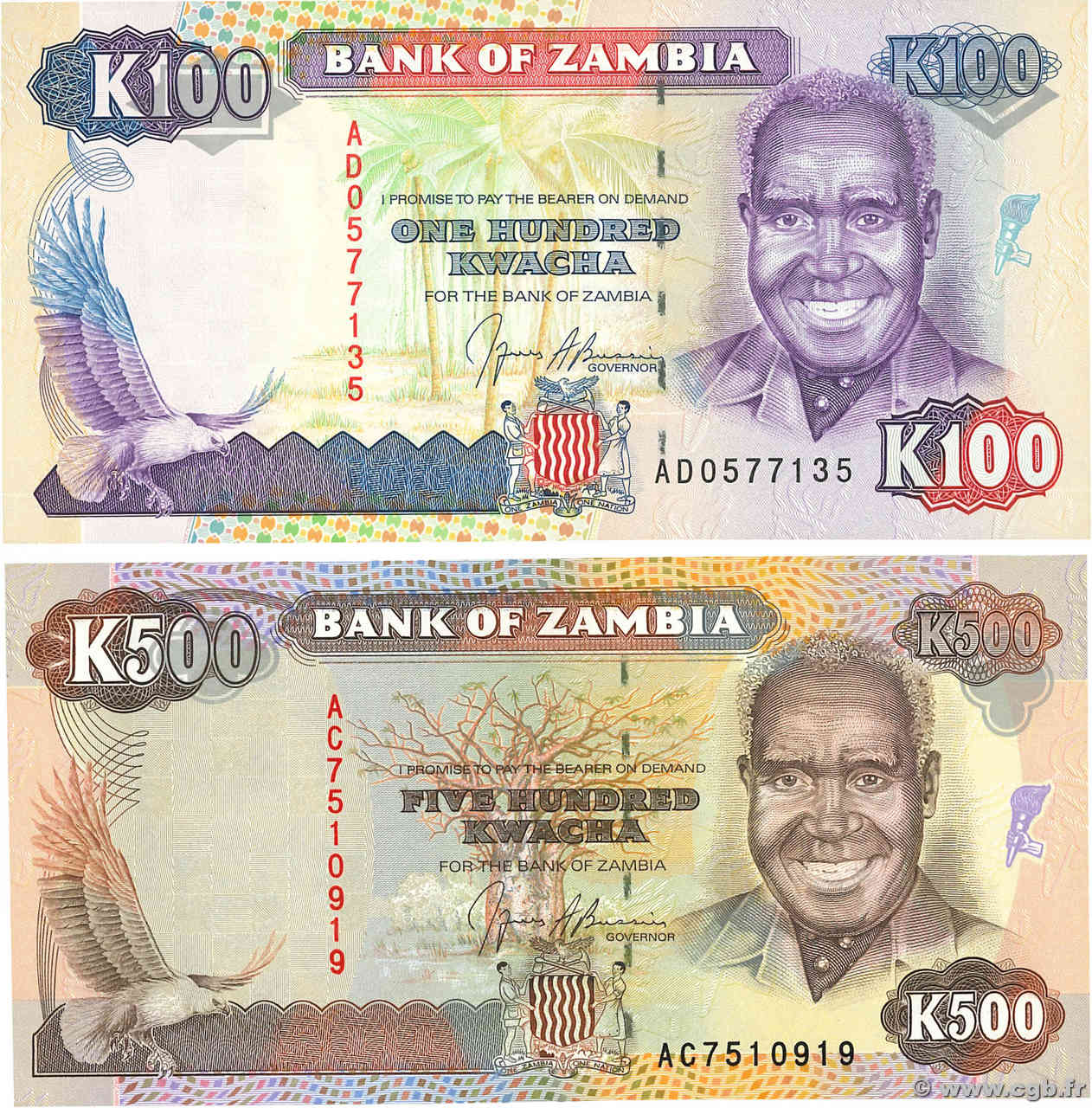 100 et 500 Kwacha Lot ZAMBIE  1991 P.34 et P.35 NEUF