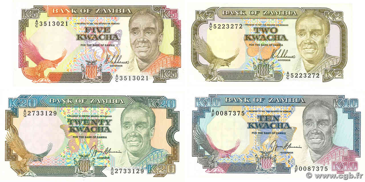 2 à 20 Kwacha Lot ZAMBIA  1989 P.29 à P.32b UNC