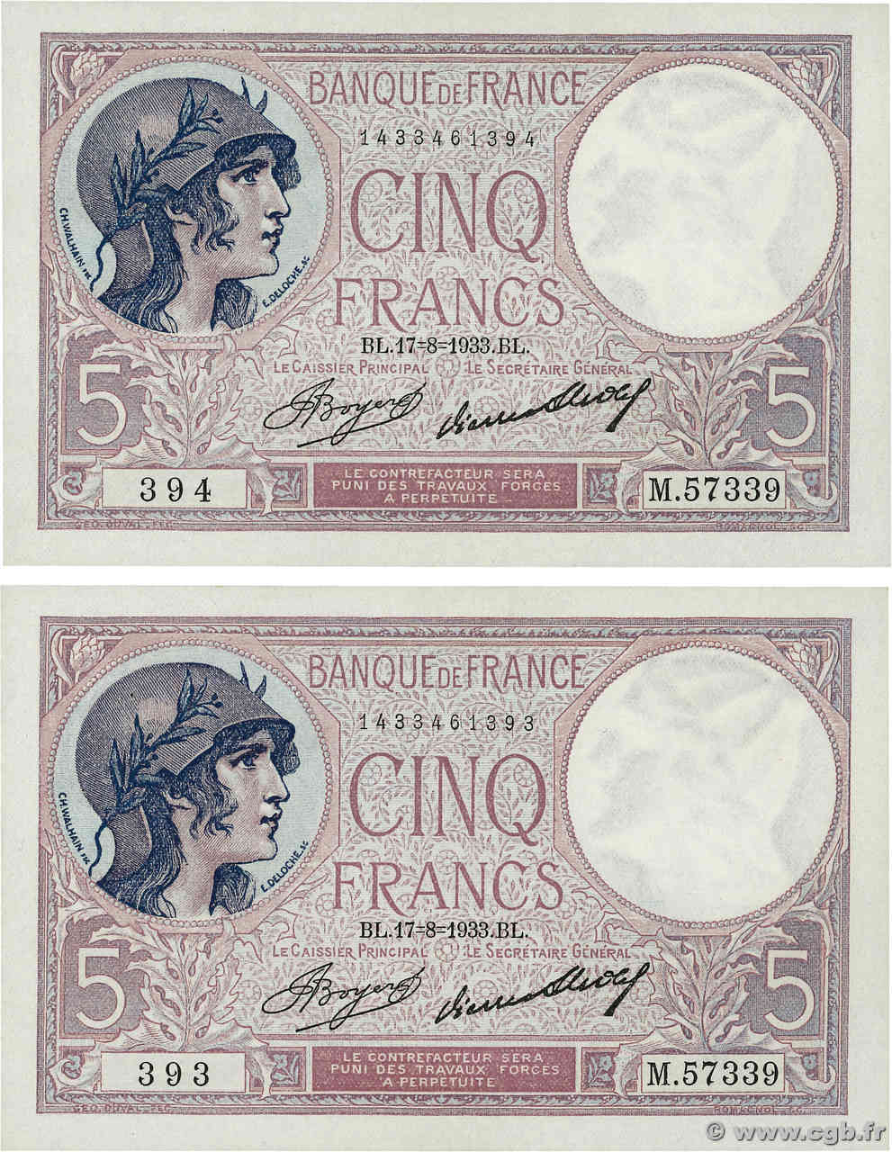 5 Francs FEMME CASQUÉE Consécutifs FRANCIA  1933 F.03.17 EBC