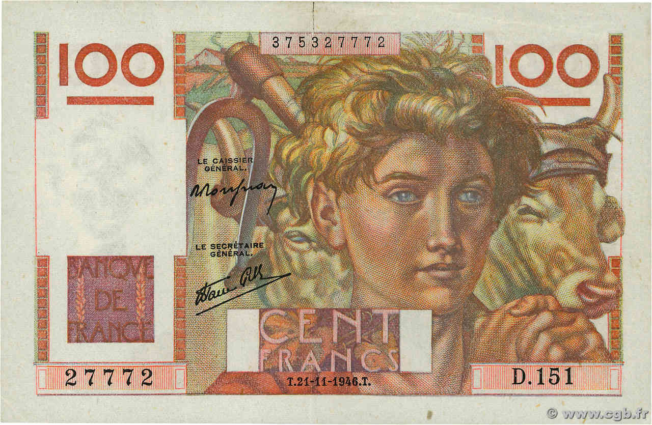 100 Francs JEUNE PAYSAN Numéro radar FRANKREICH  1946 F.28.11 fVZ