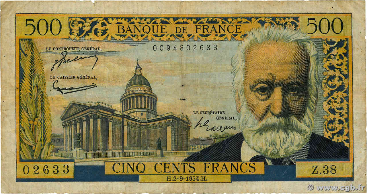 500 Francs VICTOR HUGO FRANCE  1954 F.35.03 B