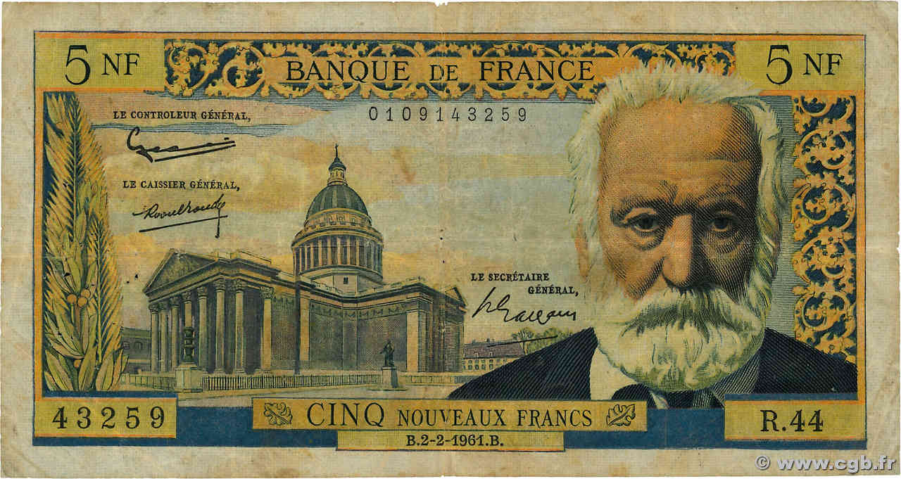 5 Nouveaux Francs VICTOR HUGO FRANCE  1961 F.56.06 pr.TB