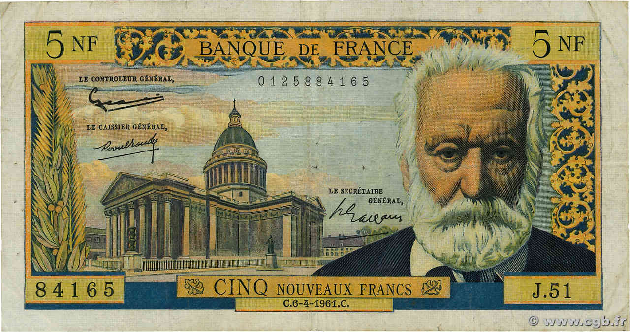 5 Nouveaux Francs VICTOR HUGO FRANCE  1961 F.56.07 TB