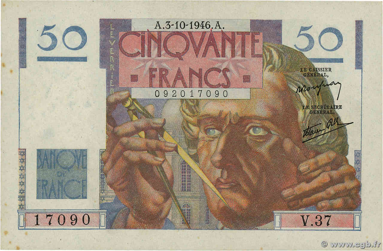 50 Francs LE VERRIER FRANCE  1946 F.20.06 pr.SUP