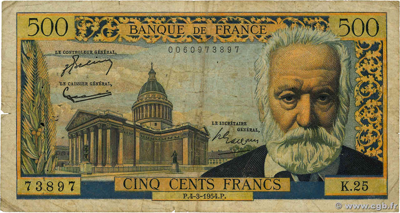 500 Francs VICTOR HUGO FRANKREICH  1954 F.35.02 SGE