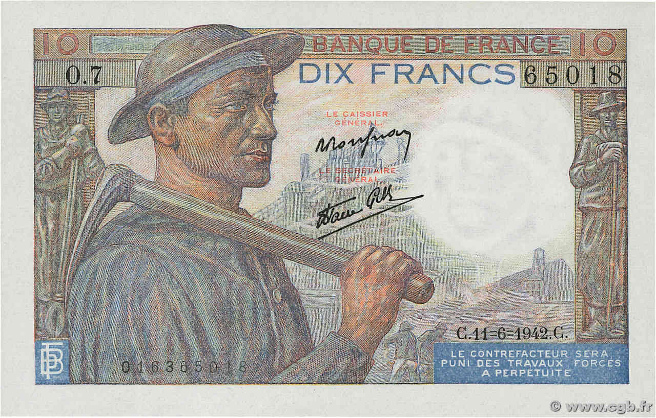 10 Francs MINEUR FRANKREICH  1942 F.08.03 fST+