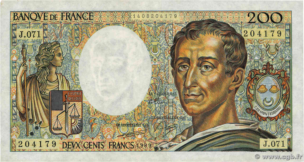 200 Francs MONTESQUIEU FRANCE  1989 F.70.09 VF