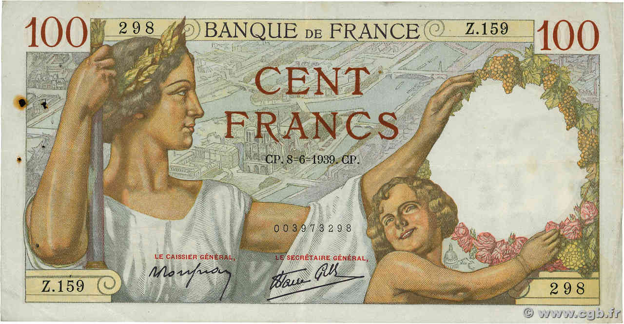 100 Francs SULLY FRANCE  1939 F.26.02 VF-