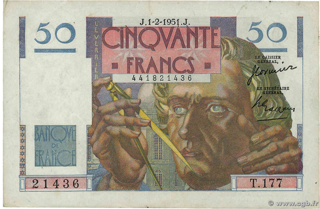 50 Francs LE VERRIER FRANCE  1951 F.20.17 TTB+