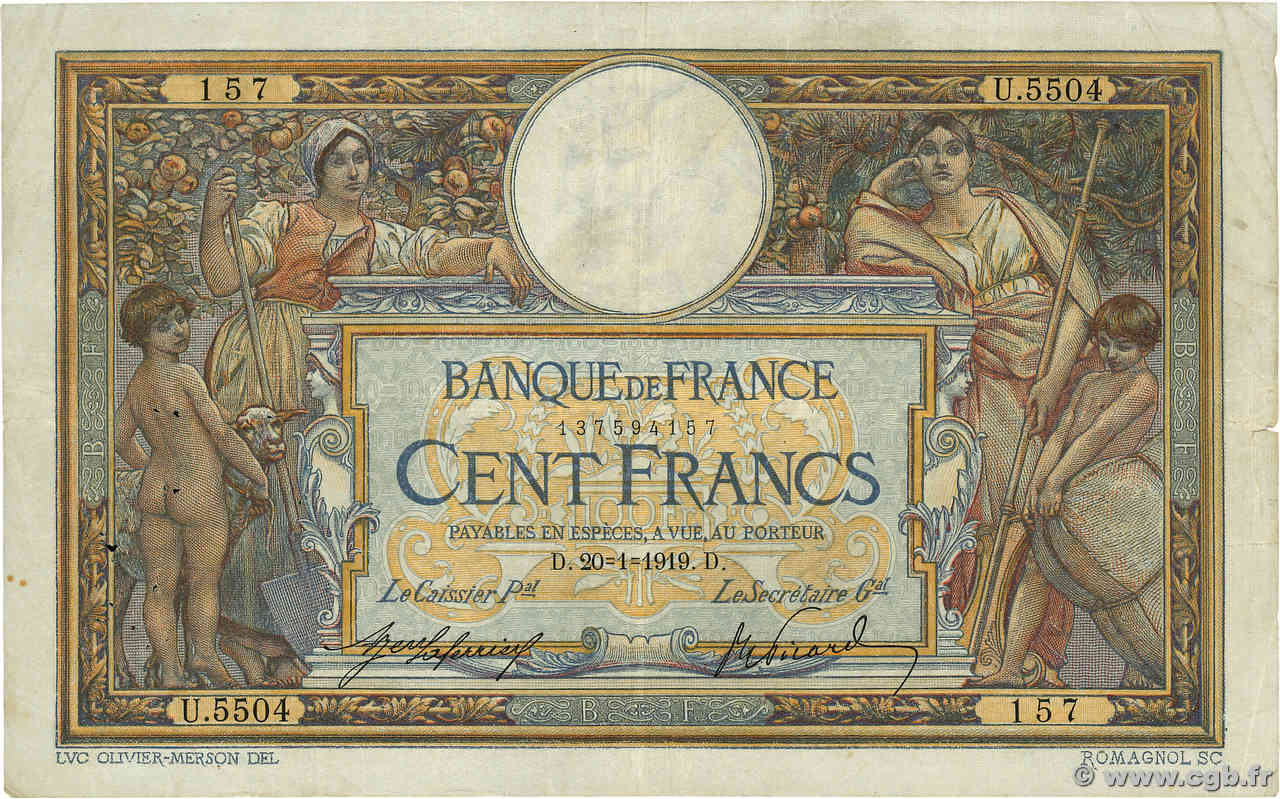 100 Francs LUC OLIVIER MERSON sans LOM FRANCE  1919 F.23.11 TB