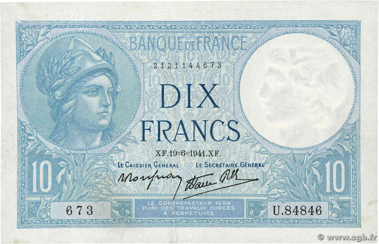 10 Francs MINERVE modifié FRANCE  1941 F.07.29 TTB