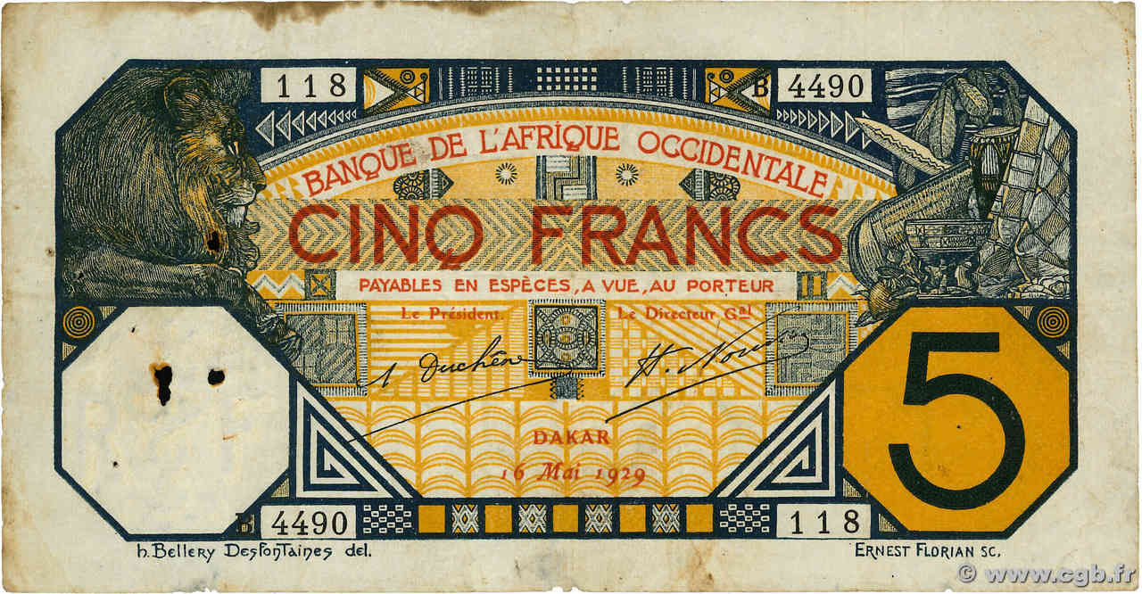 5 Francs DAKAR AFRIQUE OCCIDENTALE FRANÇAISE (1895-1958) Dakar 1929 P.05Bf TB+