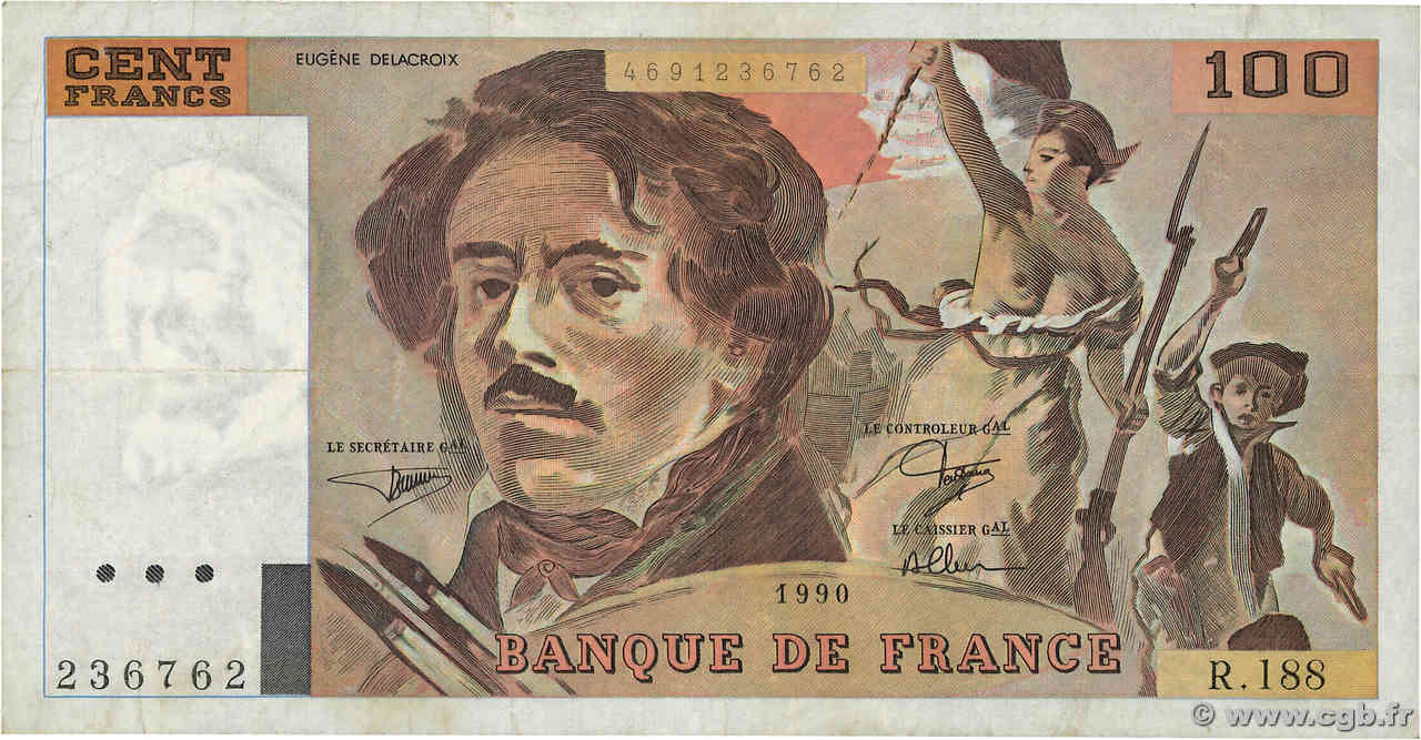 100 Francs DELACROIX imprimé en continu FRANKREICH  1990 F.69bis.02e1 S