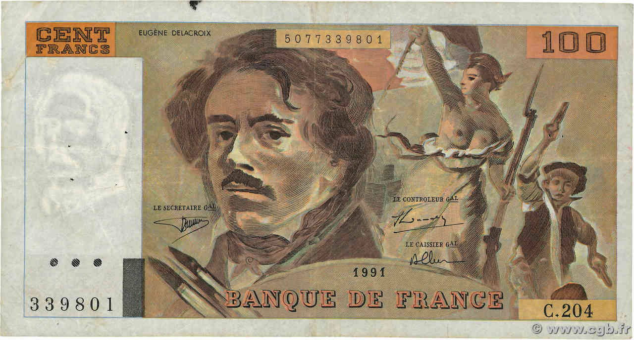 100 Francs DELACROIX imprimé en continu FRANKREICH  1991 F.69bis.04b S