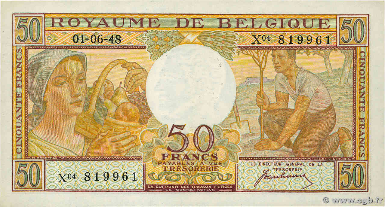 50 Francs BELGIUM  1948 P.133a XF