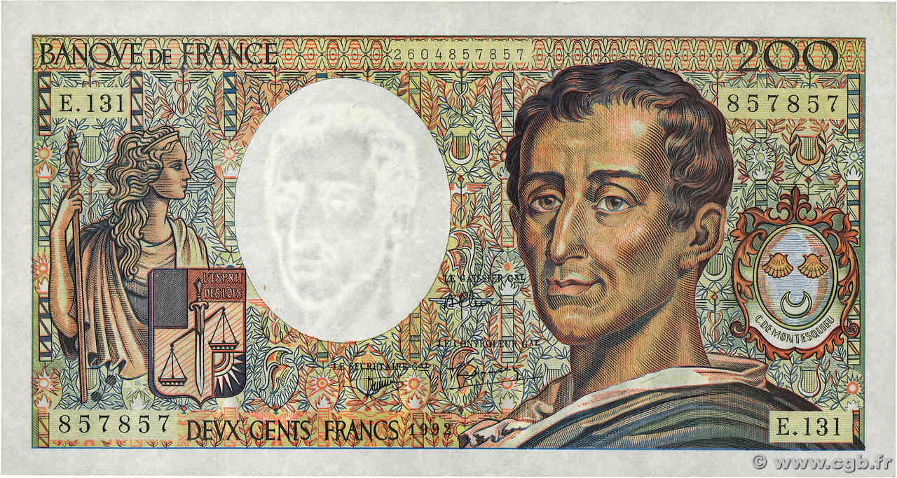 200 Francs MONTESQUIEU Numéro spécial FRANCE  1992 F.70.12c TTB