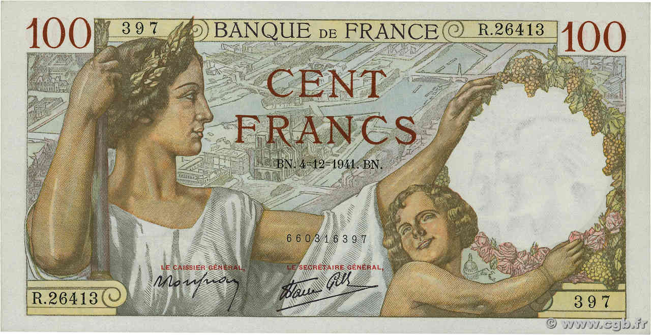 100 Francs SULLY FRANCE  1941 F.26.62 AU-