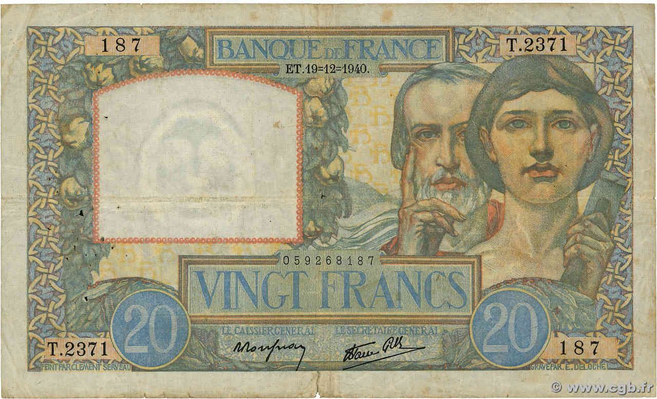 20 Francs TRAVAIL ET SCIENCE FRANCE  1940 F.12.11 TB