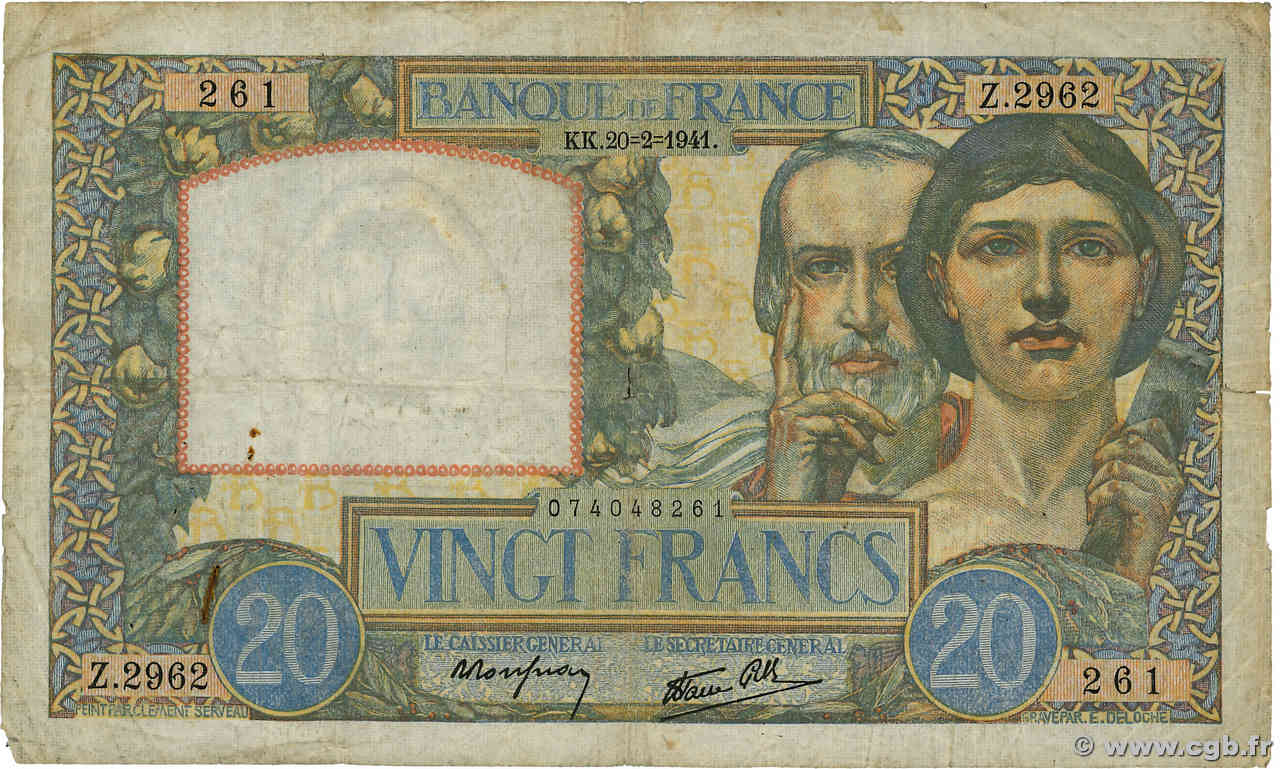 20 Francs TRAVAIL ET SCIENCE FRANCE  1941 F.12.12 B+