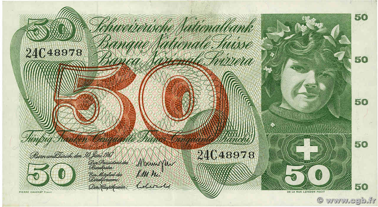 50 Francs SUISSE  1967 P.48g XF-