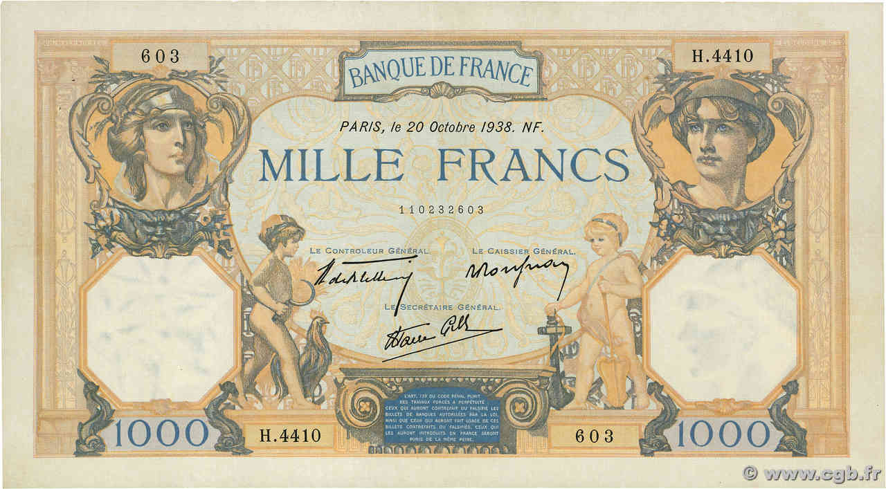 1000 Francs CÉRÈS ET MERCURE type modifié FRANCE  1938 F.38.30 TTB