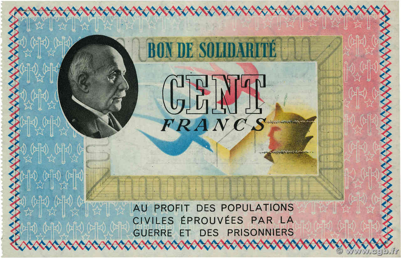 100 Francs BON DE SOLIDARITÉ FRANCE regionalism and miscellaneous  1941 KL.10A3 AU