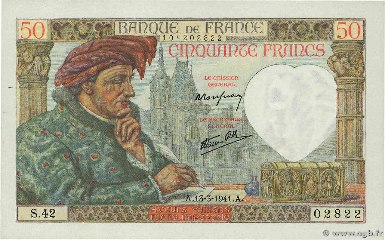 50 Francs JACQUES CŒUR FRANCE  1941 F.19.07 UNC-