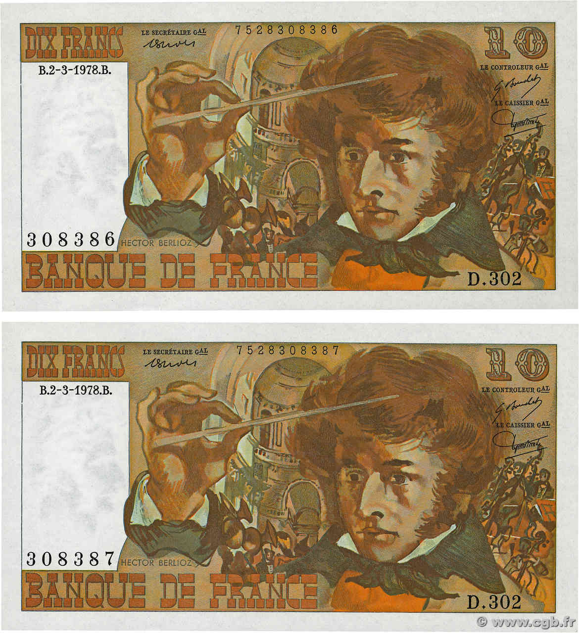 10 Francs BERLIOZ Consécutifs FRANCE  1978 F.63.23 AU+