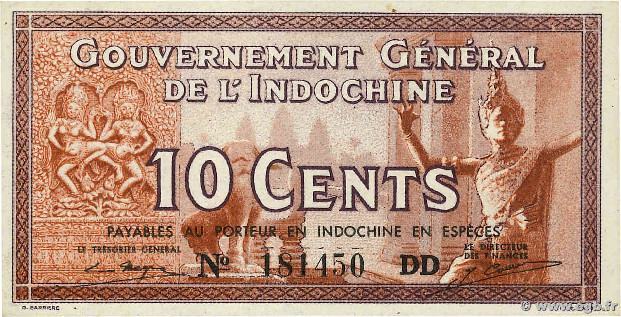 10 Cents INDOCHINE FRANÇAISE  1939 P.085c NEUF