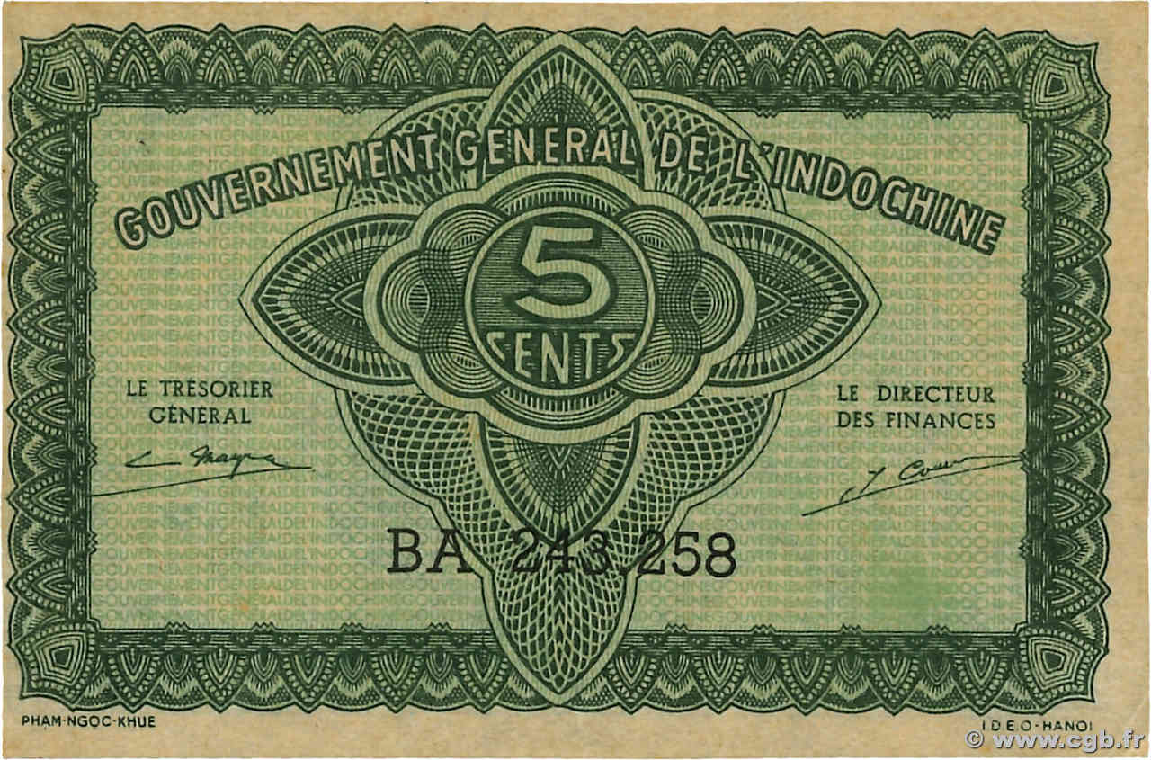 5 Cents FRENCH INDOCHINA  1942 P.088b UNC-