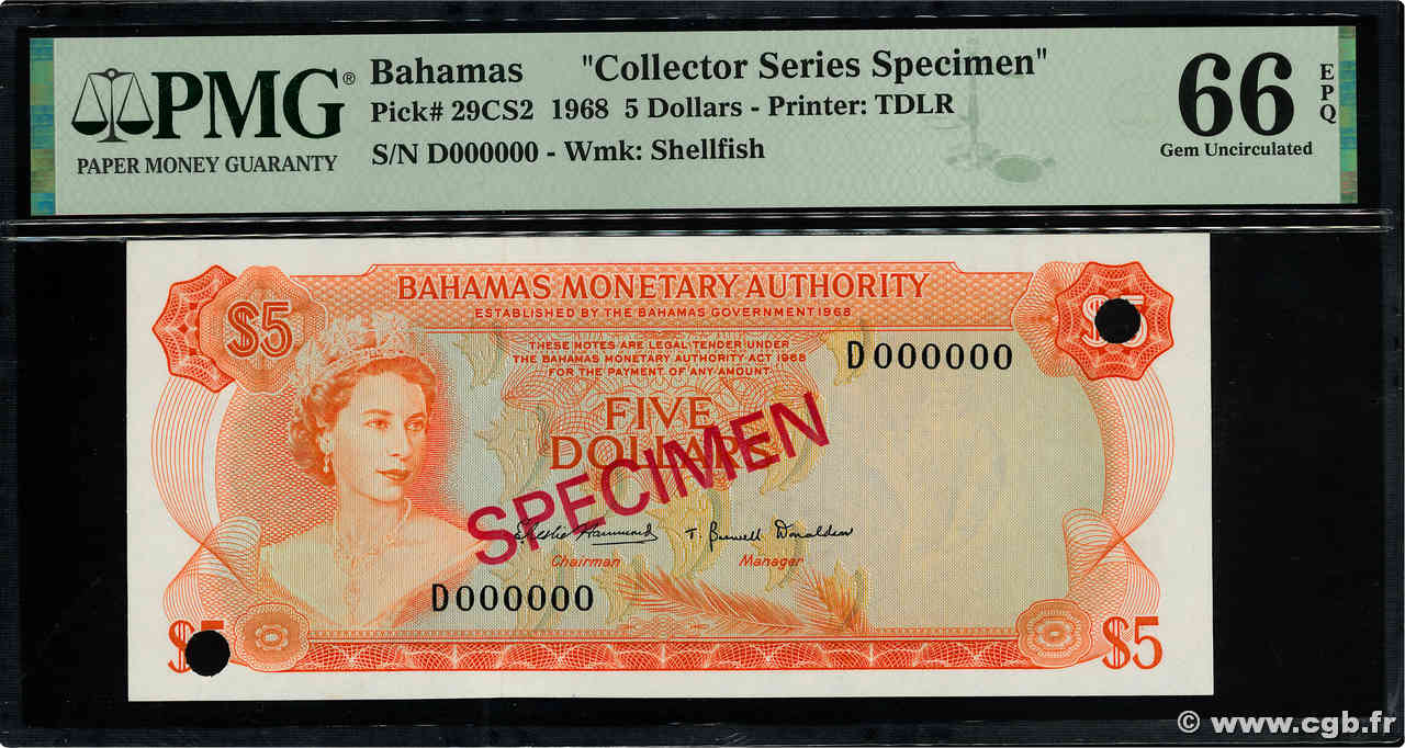 5 Dollars Spécimen BAHAMAS  1968 P.29CS2 ST