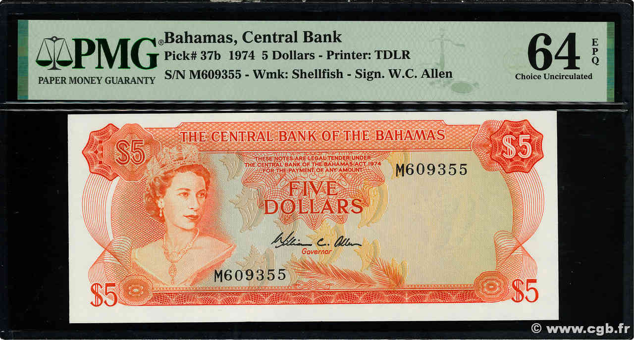 5 Dollars BAHAMAS  1974 P.37b fST+