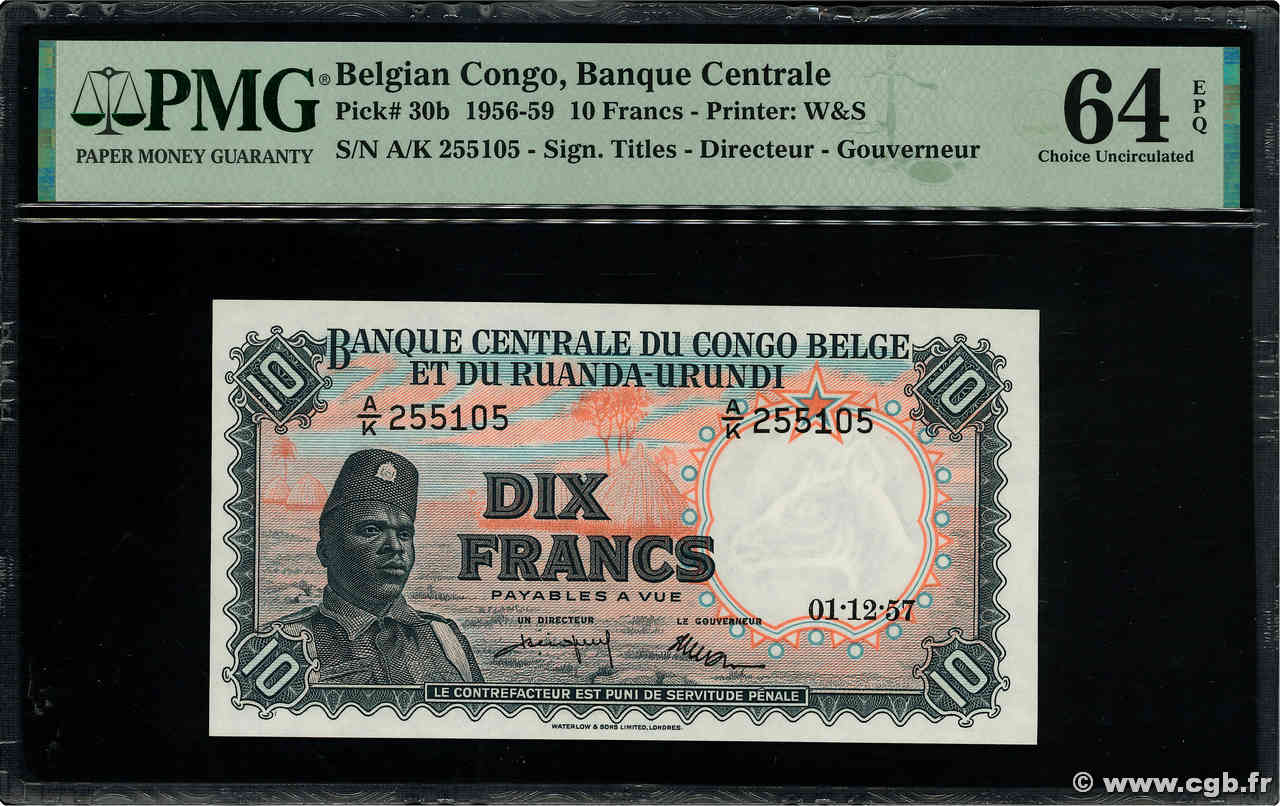 10 Francs CONGO BELGE  1957 P.30b pr.NEUF