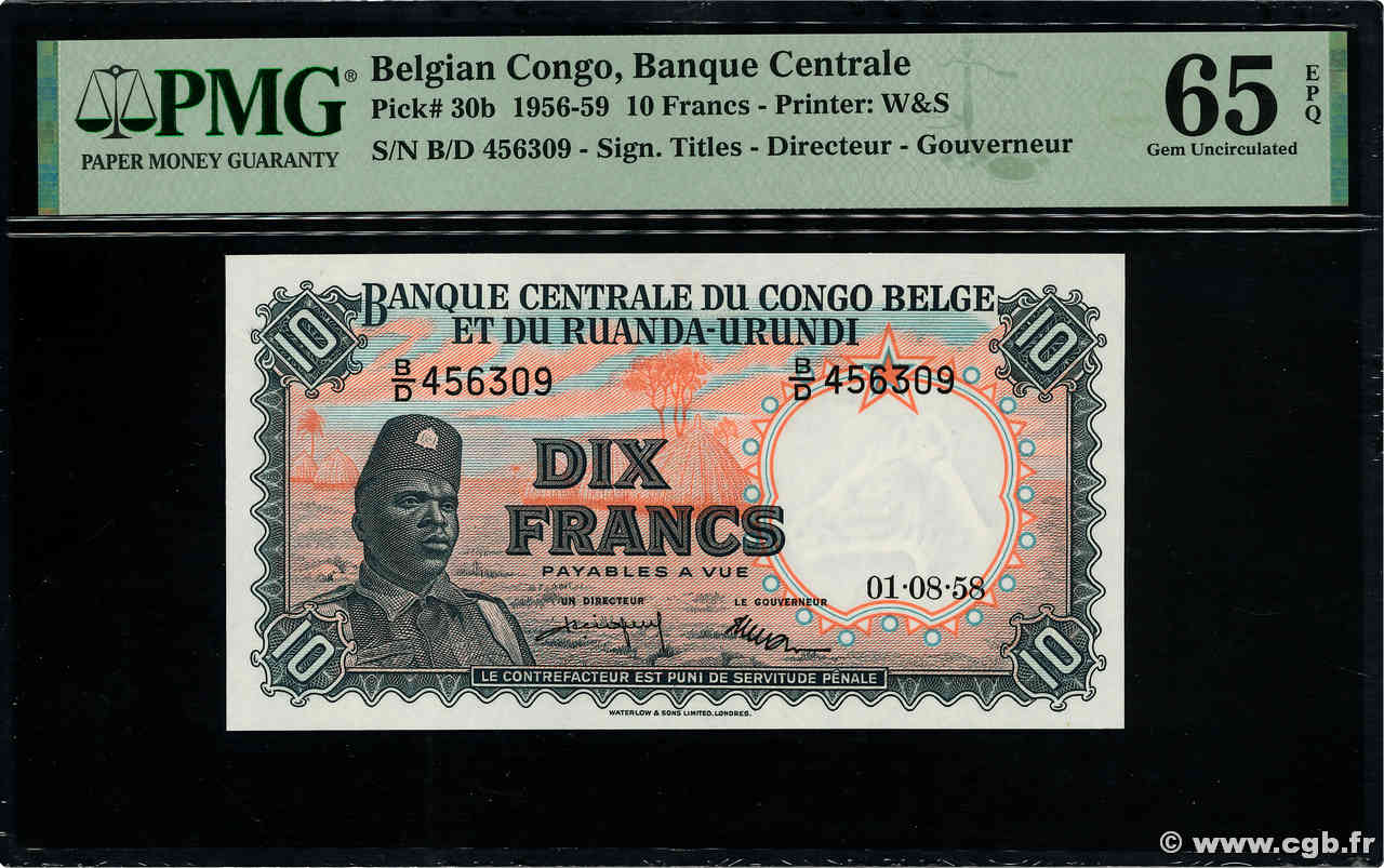 10 Francs CONGO BELGE  1958 P.30b NEUF