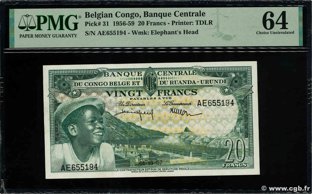 20 Francs CONGO BELGA  1957 P.31 q.FDC