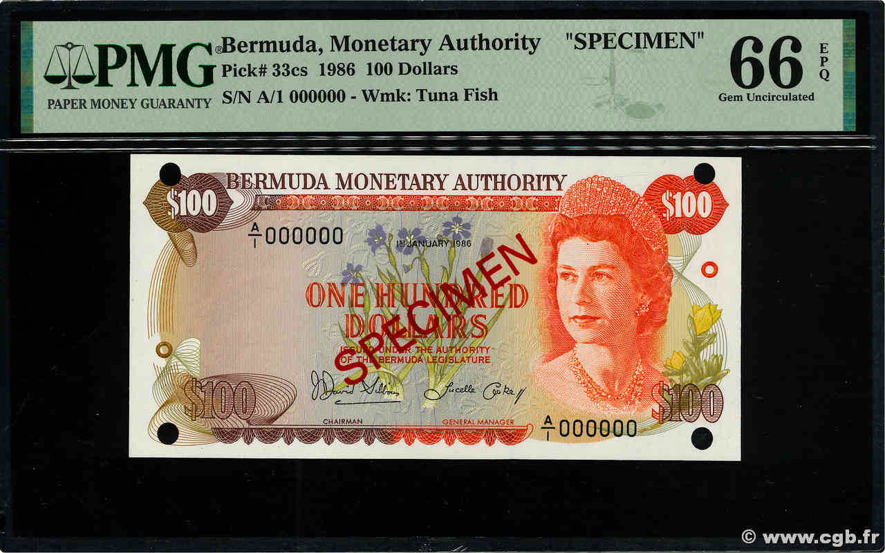 100 Dollars Spécimen BERMUDES  1986 P.33cs NEUF