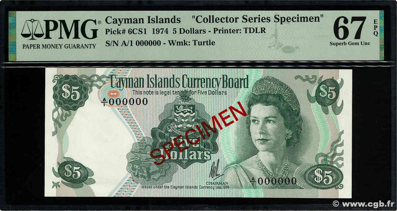 5 Dollars Spécimen CAYMAN ISLANDS  1974 P.06CS1 UNC