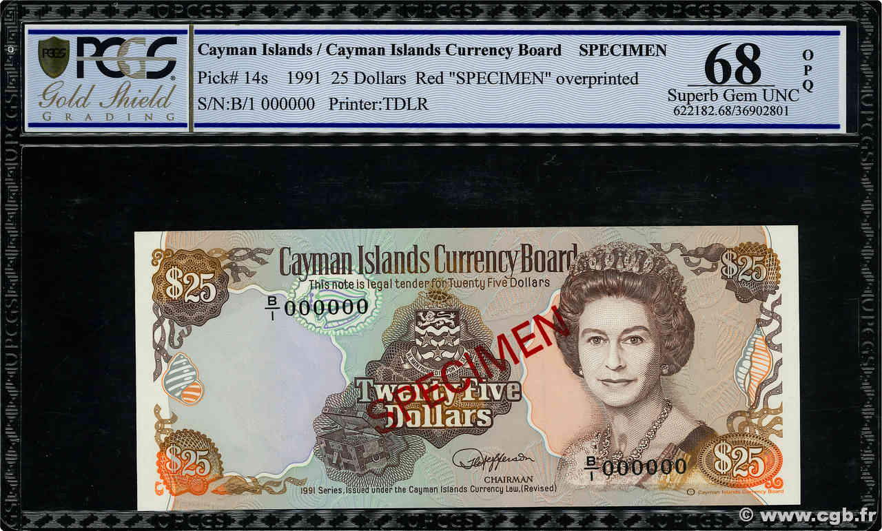 25 Dollars Spécimen ÎLES CAIMANS  1991 P.14s NEUF