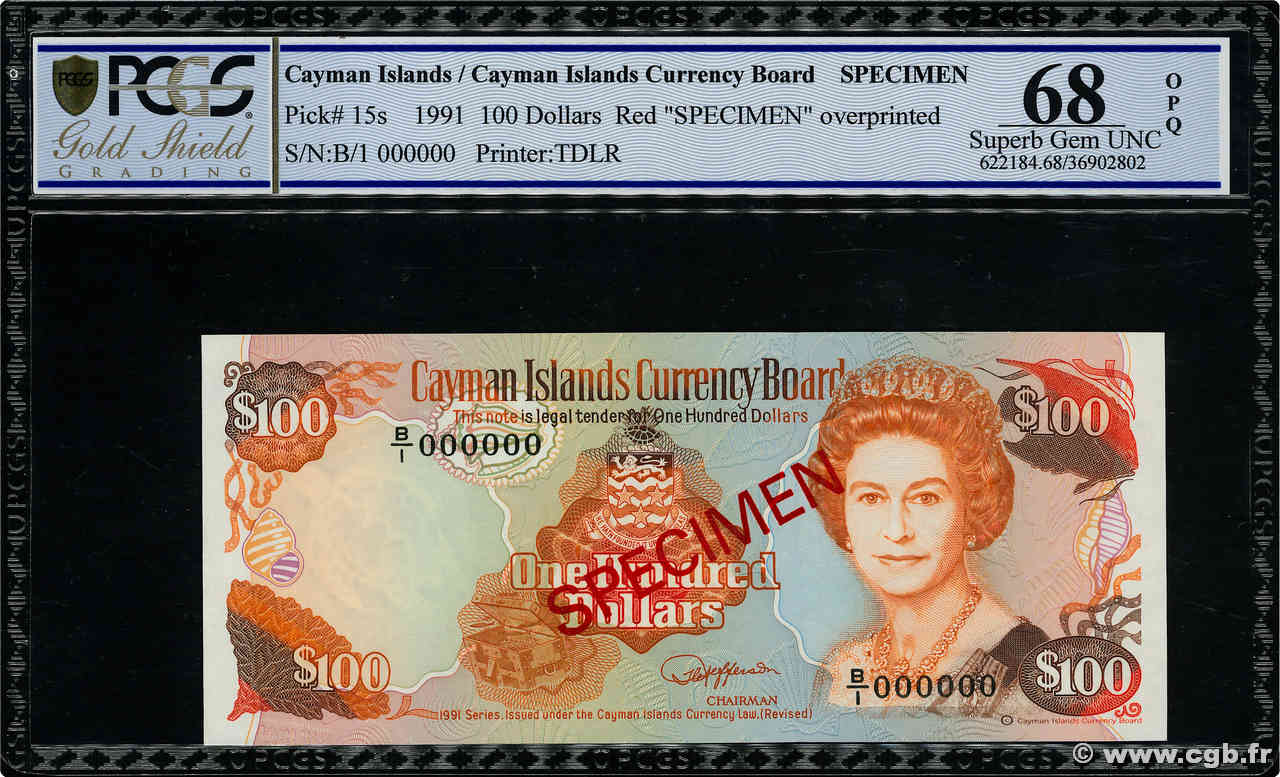 100 Dollars Spécimen ÎLES CAIMANS  1991 P.15s NEUF