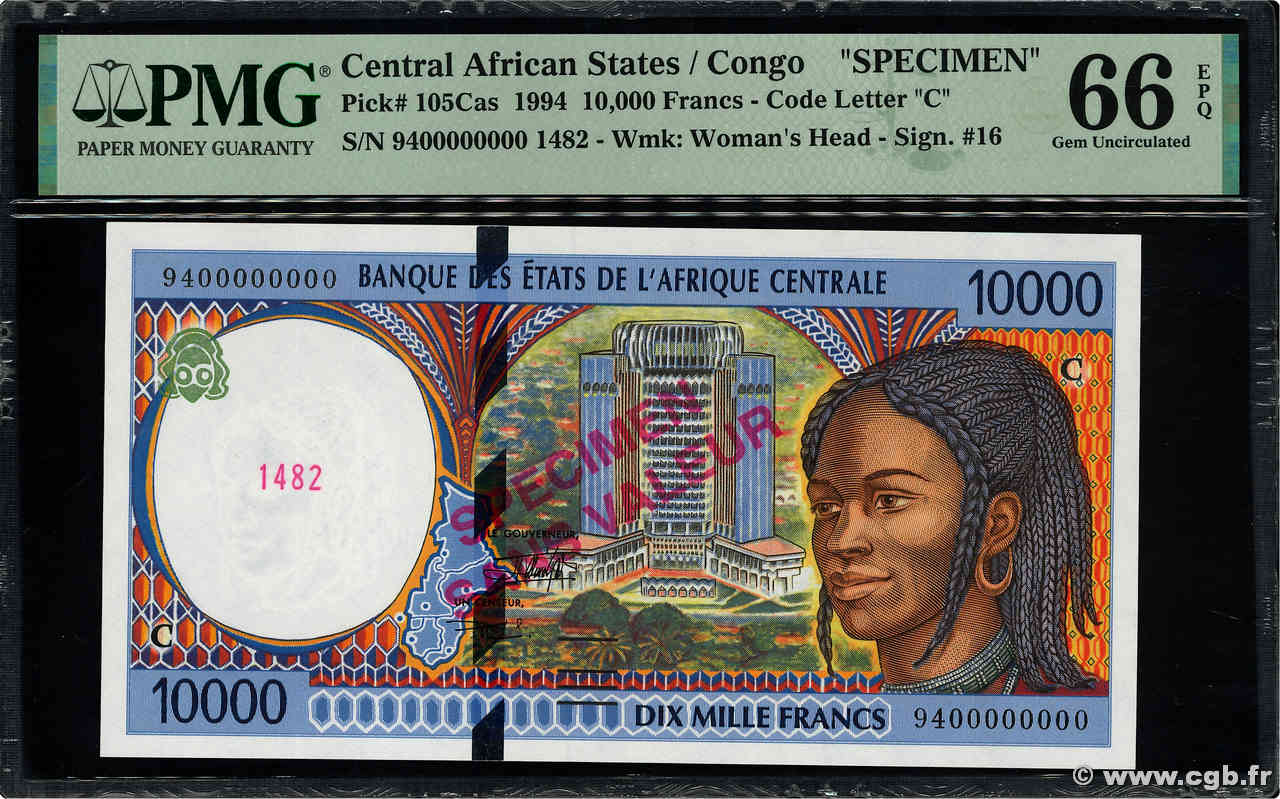 10000 Francs Spécimen ÉTATS DE L AFRIQUE CENTRALE  1994 P.105Cas NEUF