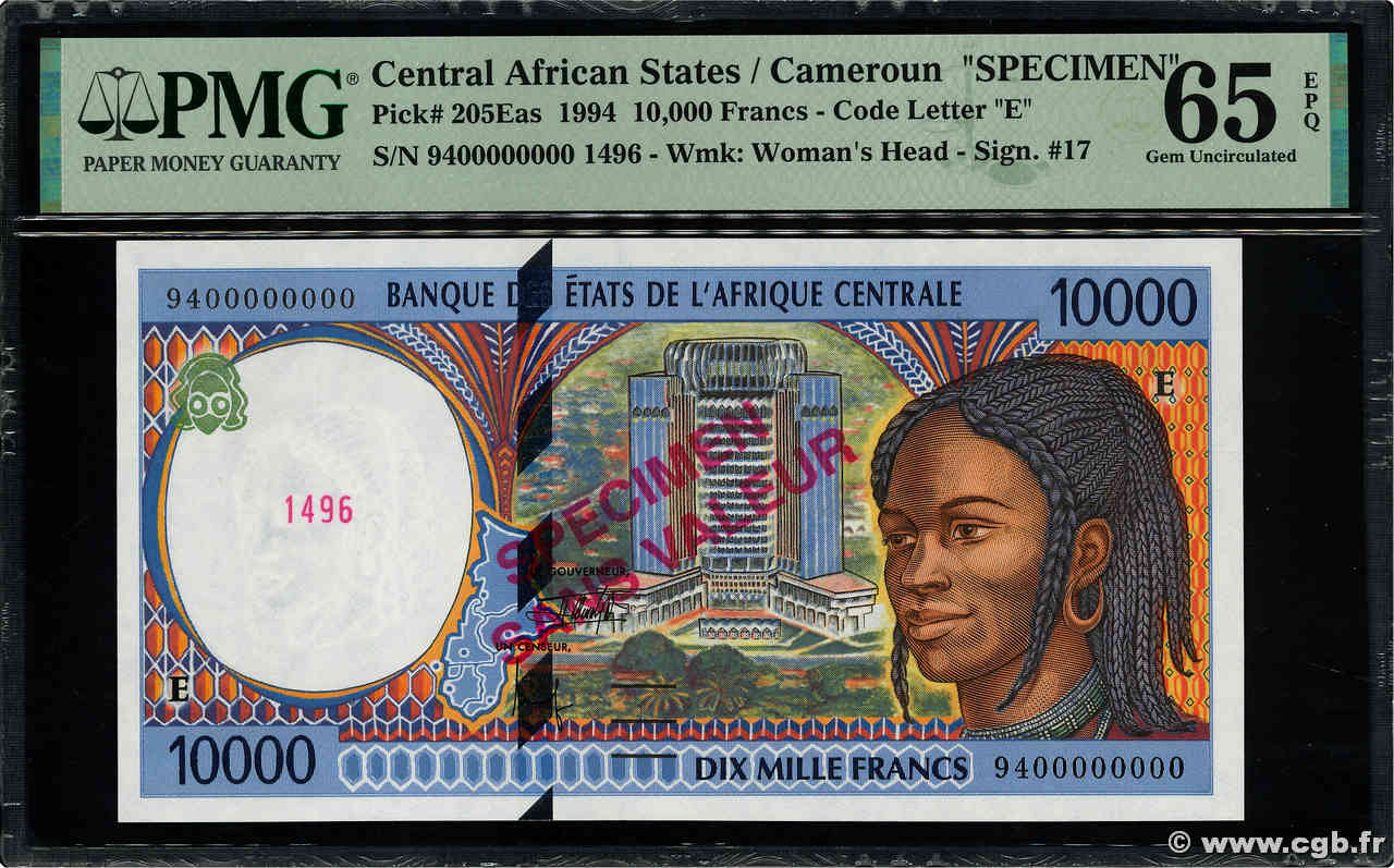 10000 Francs Spécimen ÉTATS DE L AFRIQUE CENTRALE  1994 P.205Eas NEUF