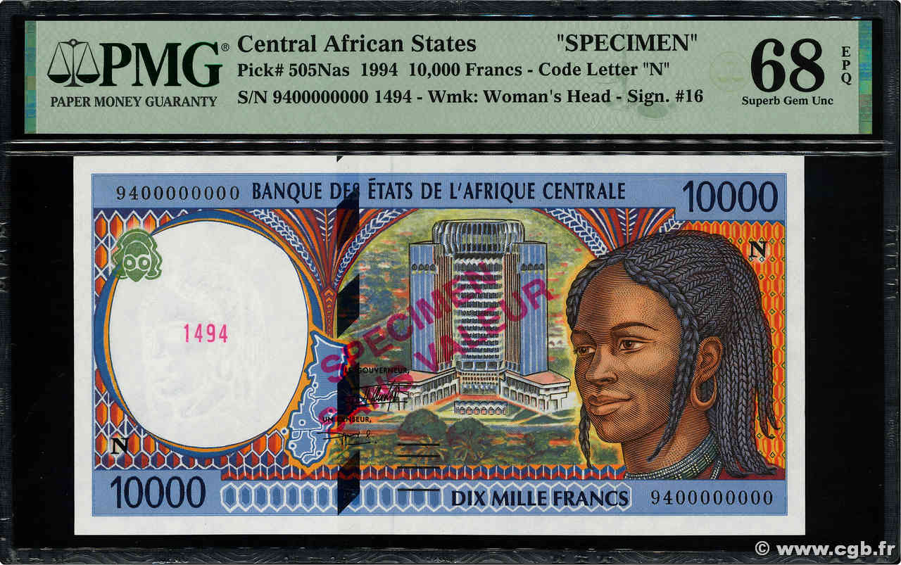 10000 Francs Spécimen ÉTATS DE L AFRIQUE CENTRALE  1994 P.505Nas NEUF