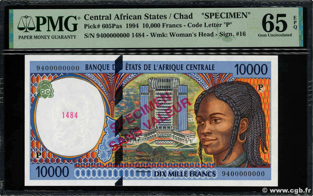 10000 Francs Spécimen STATI DI L  AFRICA CENTRALE  1994 P.605Pas FDC