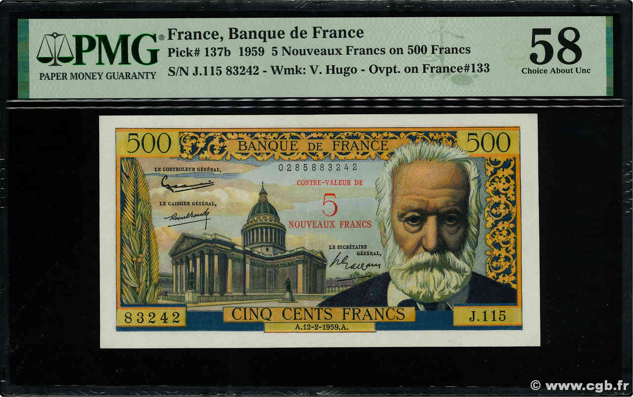 5 NF sur 500 Francs Victor HUGO FRANCE  1959 F.52.02 SPL