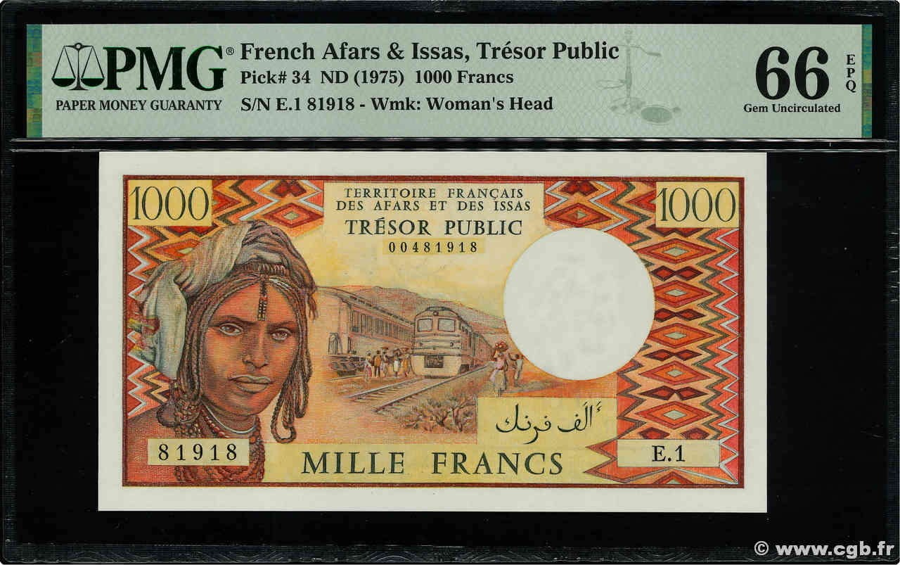 1000 Francs Numéro radar  AFARS AND ISSAS  1975 P.34 UNC