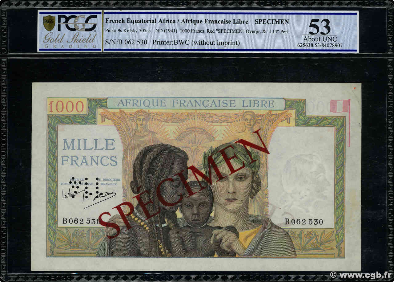 1000 Francs Spécimen AFRIQUE ÉQUATORIALE FRANÇAISE  1941 P.09s VZ+